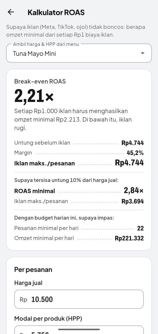 HPPin: kalkulator ROAS dengan break-even dan iklan maksimal per pesanan